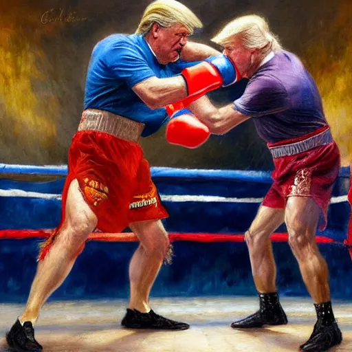 Image similar to a beautiful painting of donald trump fist - fighting joe biden in a boxing ring, rendered art, highly detailed painting by gaston bussiere, craig mullins, j. c. leyendecker 8 k, trending on artstation, art, fighting, watercolor