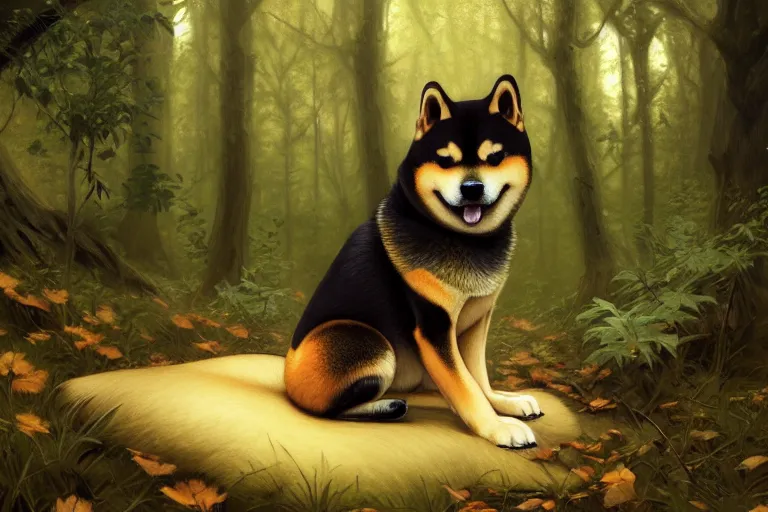 Image similar to Painting of a shiba inu in forest, dark fantasy, intricate, elegant, highly detailed, digital painting, artstation, concept photoset, smooth, sharp focus, photo, art by artgerm and greg rutkowski and alphonse mucha