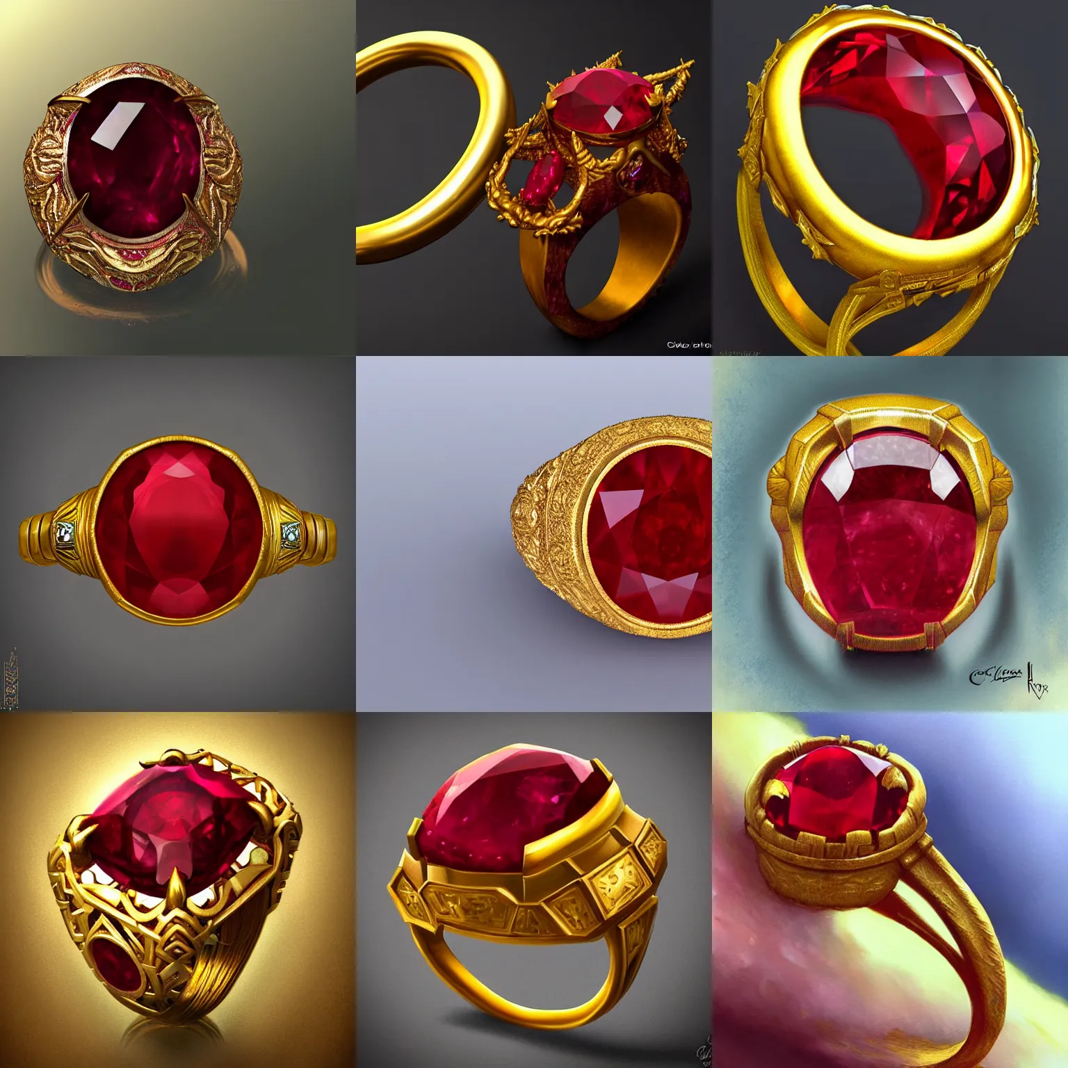 Prompt: a golden ring with a ruby, highly detailed, digital painting, Artstation, concept art, smooth, sharp focus, illustration, art by Chris Rahn
