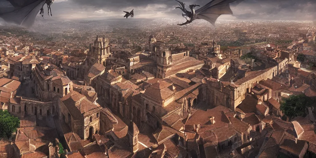 Image similar to the monumental city of caceres with smaug flying over it, dramatic lighting, cinematic, extremly high detail, photorealistic, cinematic lighting, post processed, concept art, artstation, matte painting, style by greg rutkowsky