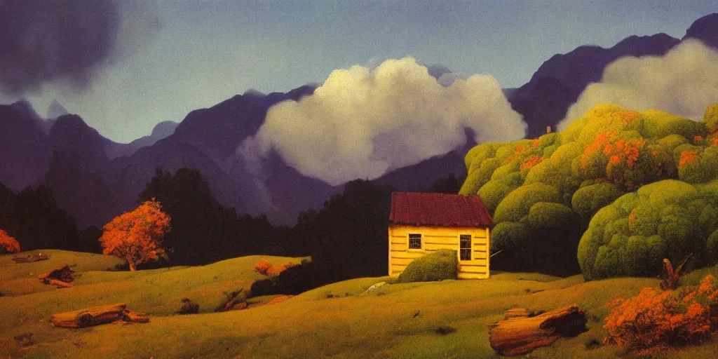 Image similar to a log cabin on a windy hillside, style of maxfield parrish, oil painting, high art,