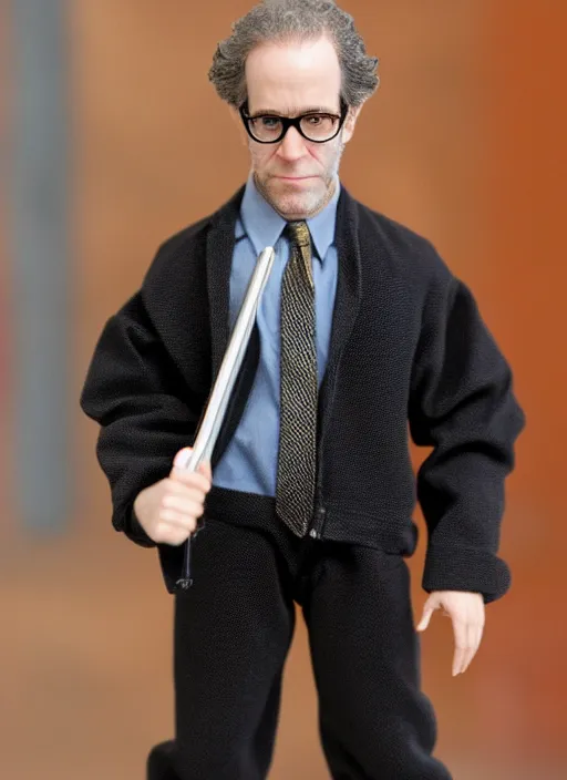 Prompt: black series action figure doll of charlie kaufman with glasses, still in package, pristine, from the film being john malcovich, highly detailed toy