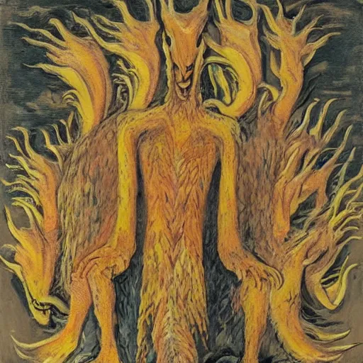 Image similar to A beautiful land art of a large, dragon-like creature with sharp teeth, talons, and a long tail. The creature is looming over a small group of people who appear to be in distress. burnt umber, in the desert by Wes Anderson, by Affandi rich details, loose