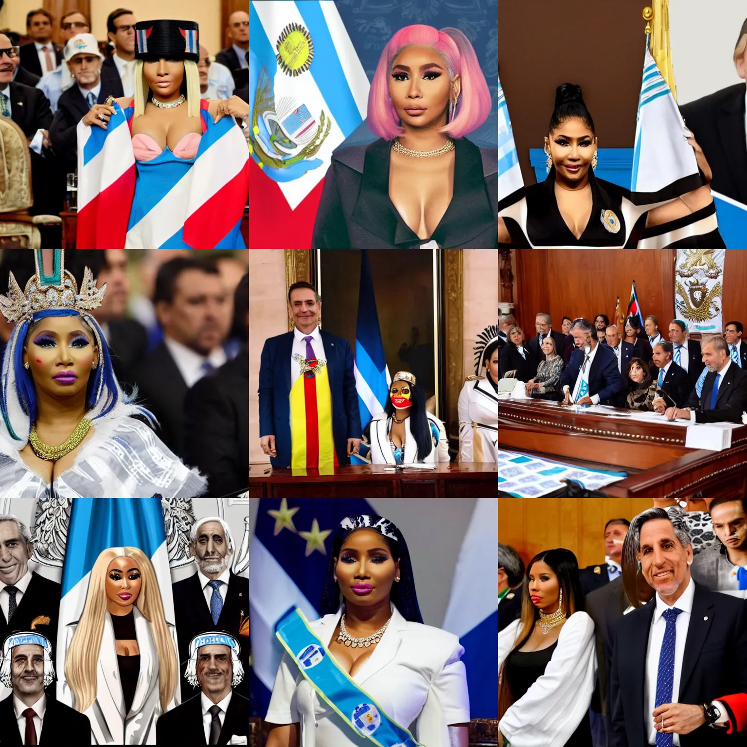Prompt: Nicki Minaj Peronista as the president of Argentina, in the Argentine Congress, wearing presidential band, flags of Argentina behind, detailed picture