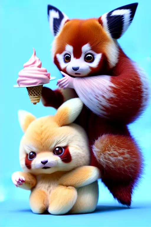 Image similar to high quality 3 d render hyperrealist very cute pastel fluffy! red panda & tarsier hybrid eating giant ice cream, vray smooth, in the style of detective pikachu, charlie immer, very dramatic light, low angle, uhd 8 k, shallow depth or field