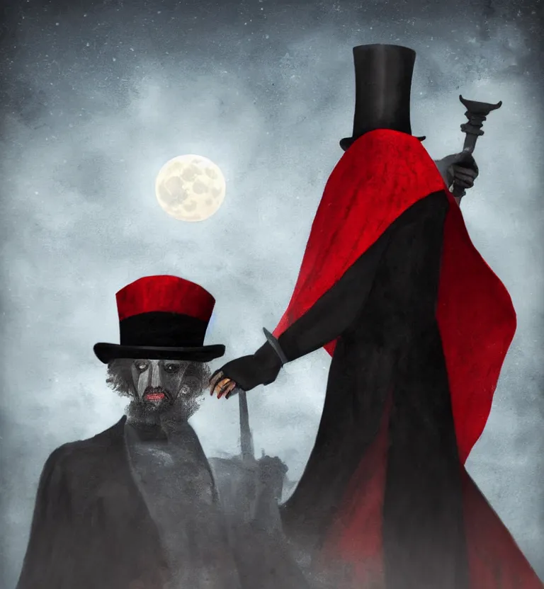 Image similar to a mysterious man in a cemetery on a full moon night wearing a top hat that hides!! his face and a beautiful black and red cape while holding a poseidon trident, digital art. digital painting, moonlight, detailed.