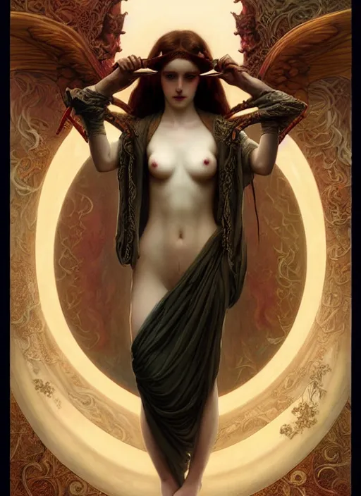 Image similar to majestic demonic succubus porcelain skin girl movie poster, art style by edmund leighton, tom bagshaw, alphonse mucha, exquisite digital art, iconic, masterpiece, organic painting, photorealistic, ornate and hyper detailed