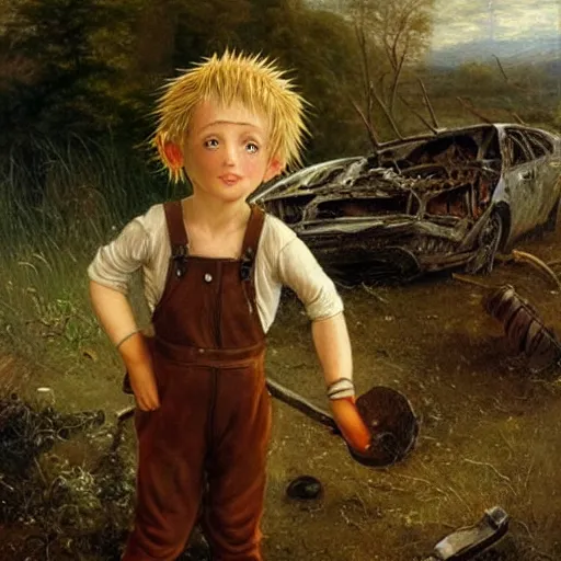 Image similar to a skinny elf with spiky blonde hair wearing dark brown overalls and holding dynamite standing next to a destroyed car, painting by Sophie Anderson