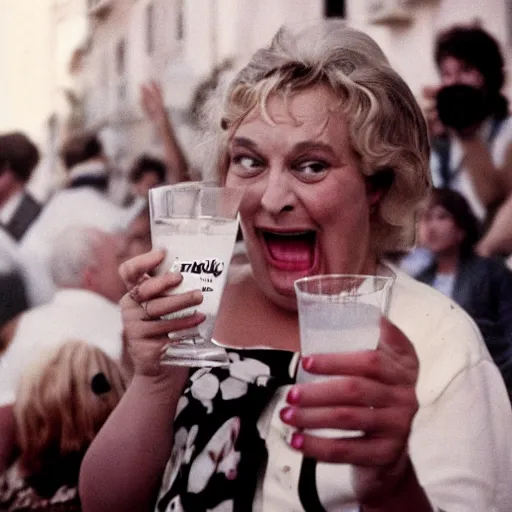 Image similar to 3 5 mm photo of raucous drunk boisterous loud portly french comedienne tippi pupu holding a drink and barking at a crowd, cannes 1 9 7 8