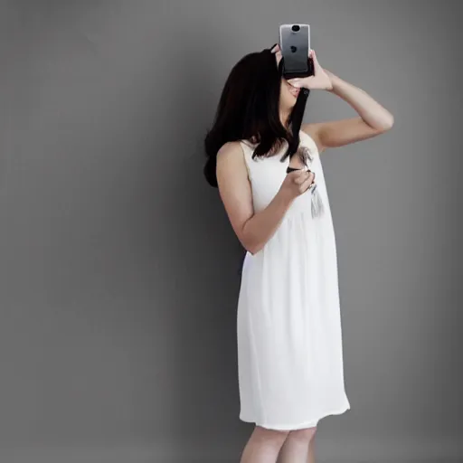 Image similar to a woman taking a picture of herself in a white dress, a picture by lu ji, trending on cg society, rococo, white background, feminine, full body