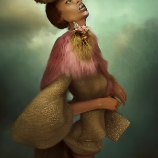 Image similar to a brown - skinned woman wearing a candy floss armor. super detailed. layered. textured. award winning. refracted lighting. fragile. by ray caesar. by louise dahl - wolfe, by andrea kowch.