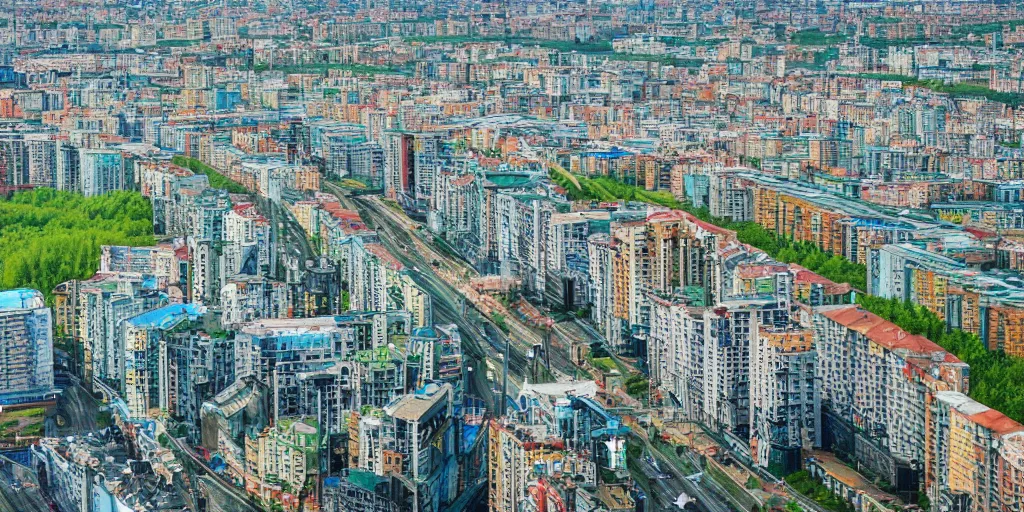 Prompt: bird's eye view photograph of a highrise Russian city, apartments, train station, pond, wide roads