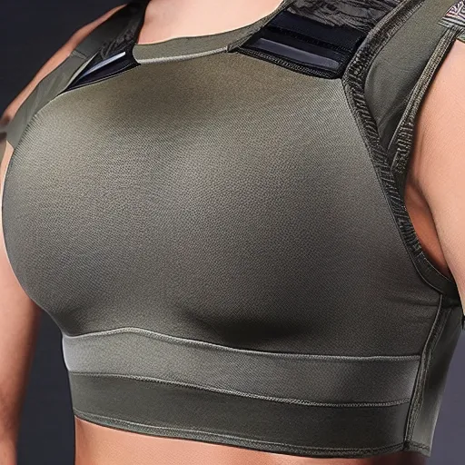 Prompt: tactical bra for military use, armored!, camo!, detailed