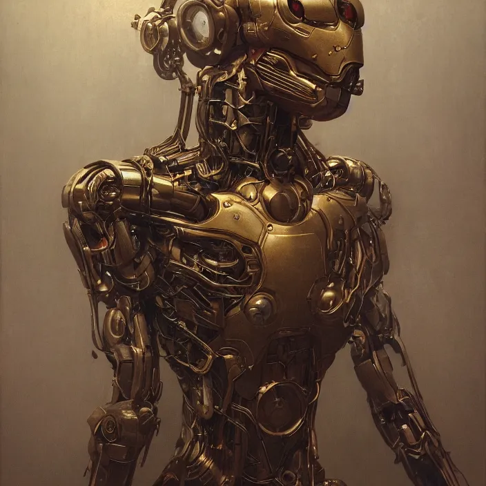 Prompt: portrait of a brass Ultron from Age of Ultron, clockwork steampunk, by Beksinski, trending on artstation, 4k