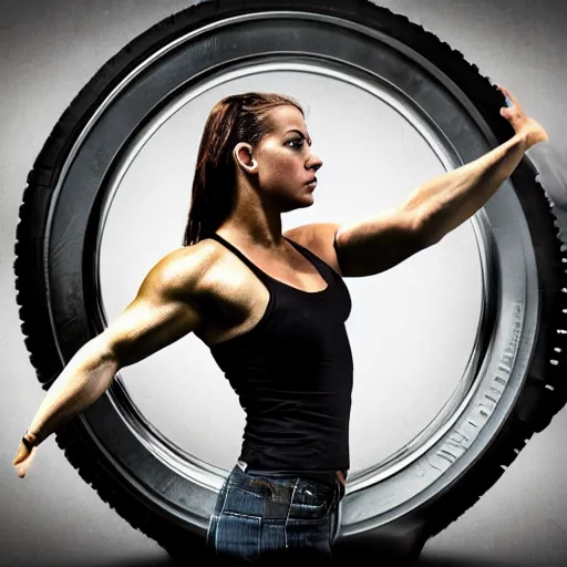 Image similar to car, bodybuilder, woman, holding, road, photo, digital art, hands, underbody, tire, standing, side