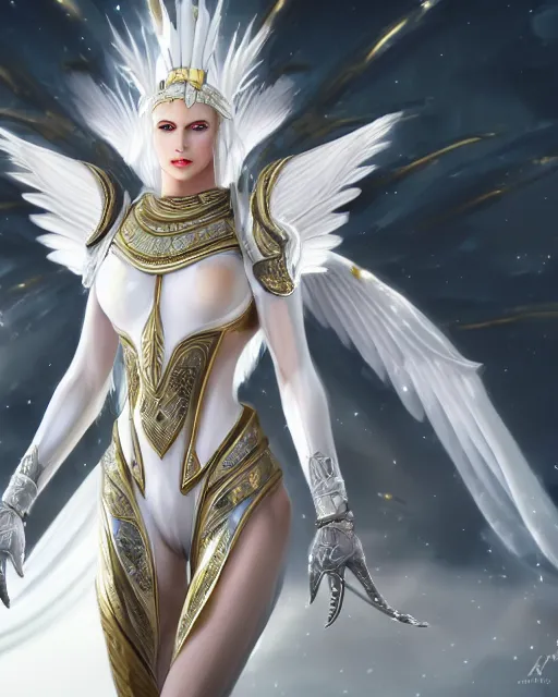 Image similar to perfect white haired egyptian goddess wearing white dove wings, warframe armor, regal, attractive, ornate, sultry, beautiful, charlize theron, half asian, pretty face, blue eyes, detailed, scifi platform, 4 k, ultra realistic, epic lighting, cinematic, masterpiece, art by akihito tsukushi, voidstar, trending on artstation