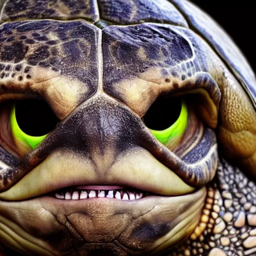 Prompt: turtle man barbarian smiling cute hybrid close up portrait