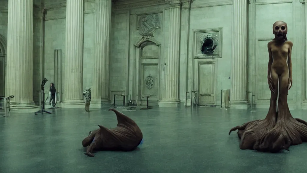 Prompt: the strange creature in city hall, made of wax and water, film still from the movie directed by Denis Villeneuve with art direction by Salvador Dalí, wide lens