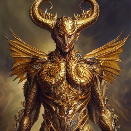 Image similar to a beautiful symmetrical muscular body wearing a dragon armor made of golden ornaments and gems, white wings by alex gray and android jones , Karol Bak, Ayami Kojima, Amano , concept art, character design, fantasy,3D, 8k resolution