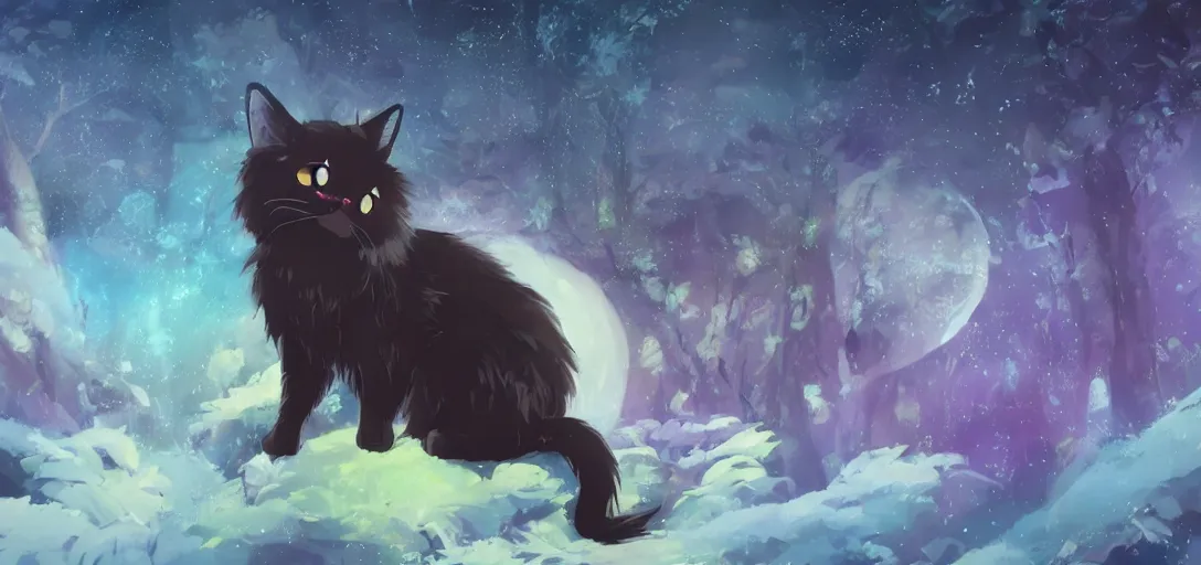 Image similar to ultra - realistic ultra - detailed adorable cute fluffy bioluminescent black cat in the style of ghibli kazuo oga, colorful fur, big ears, big purple eyes, forest landscape, dof, soft lighting, unreal engine, octane render