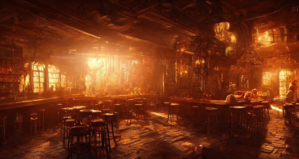 Image similar to alchemy tavern, hyperdetailed, artstation, cgsociety, golden hour 8 k, volumetric lighting