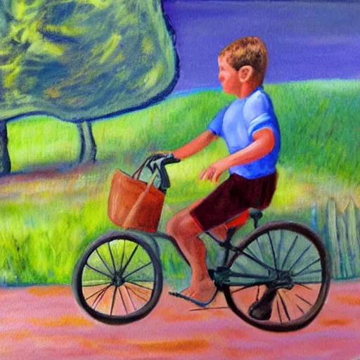 Image similar to a painting of a boy riding a bicycle in falaiscoglieklippantilado