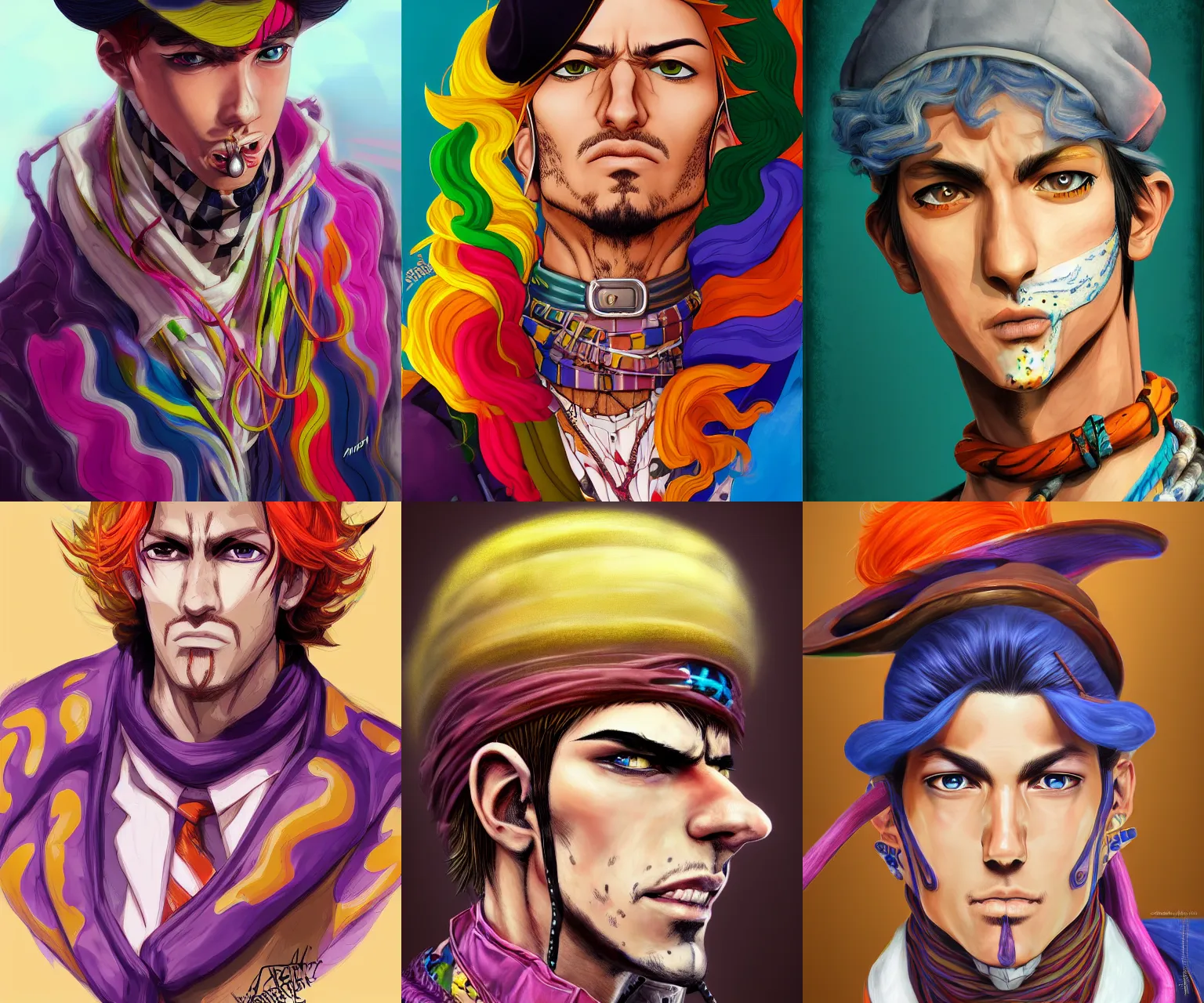 Prompt: portrait of a man, colorful, inspired by steel ball run, artstation trending, deviantart, behance, highly detailed, focus, smooth, illustrated by hirohiko araki