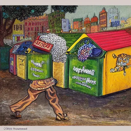 Prompt: painting of a dumpster by louis wain