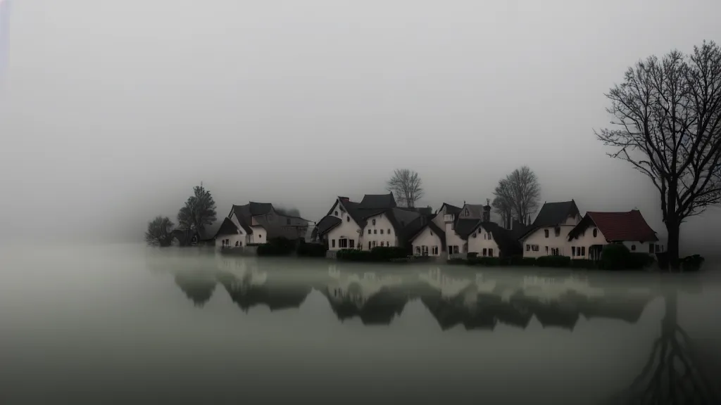 Image similar to village with beautiful houses in the fog on the lake, fog, volumetric lighting, mystique, atmospheric, conept art, sharp focus, ultra detailed, noir arthouse, 4 k, luminous details, cinematic, 3 5 mm, fujifilm