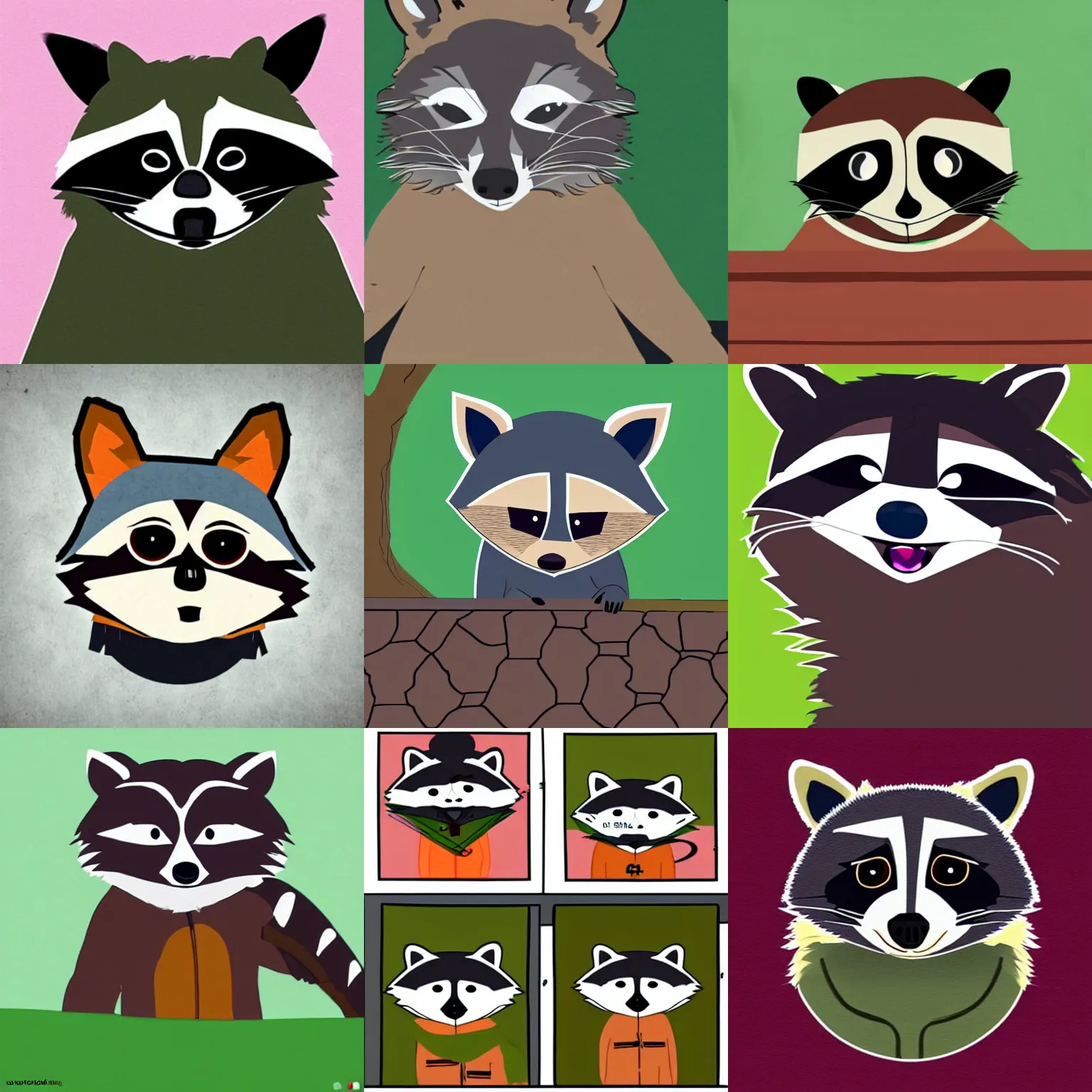 Prompt: a raccoon in the style of South Park