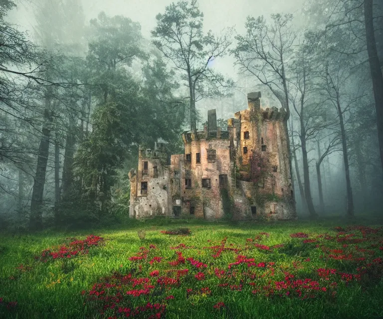 Image similar to old rundown castle in the middle of a haunted forest, foggy, high fantasy, colorful flowers, aged vegetation, photorealism