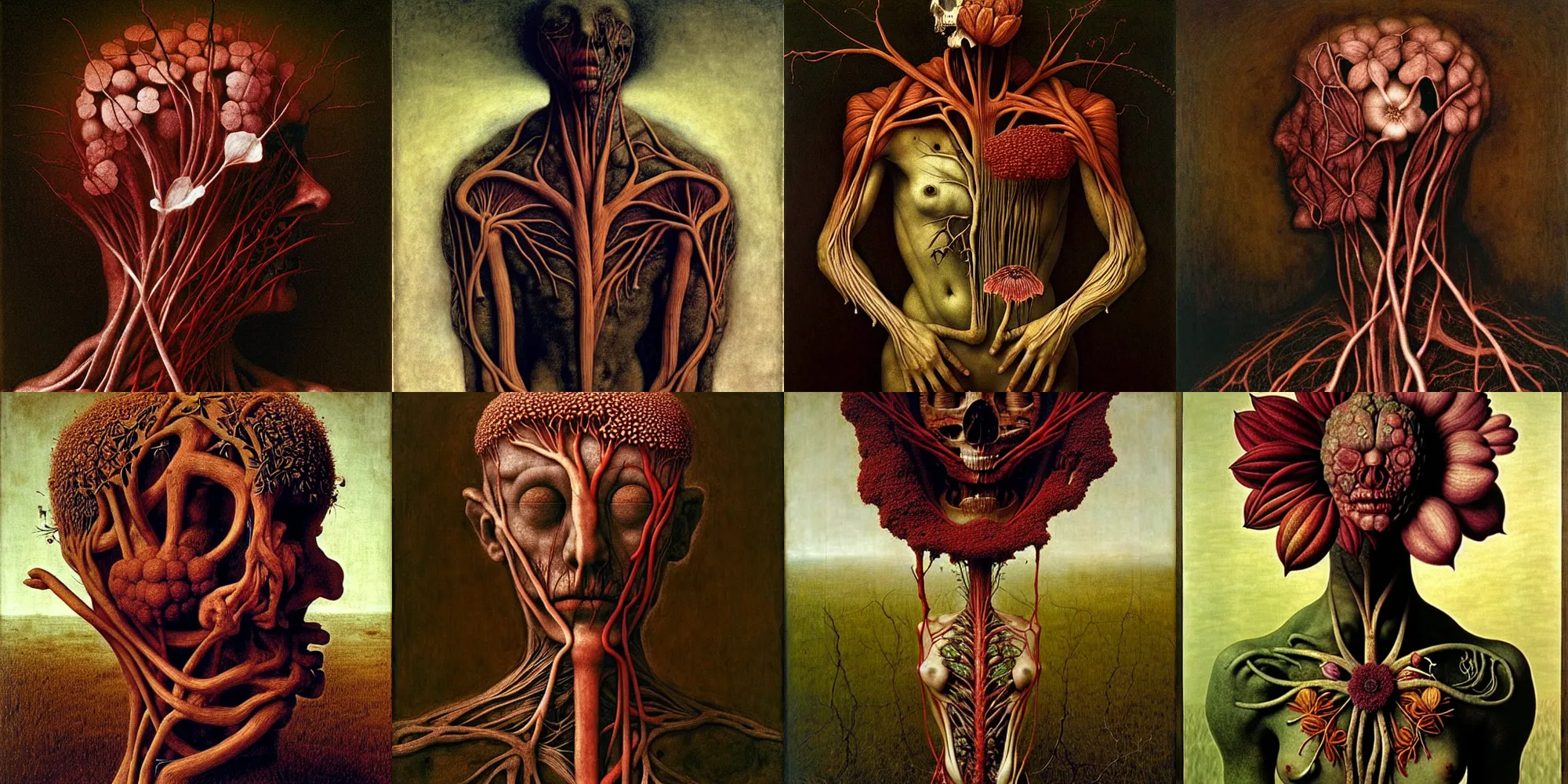 Prompt: a flower made of veins and muscle tissue growing from the earth, elegant, dark, by ambrosius benson and beksinski, a touch of giuseppe arcimboldo, realistic, renaissance