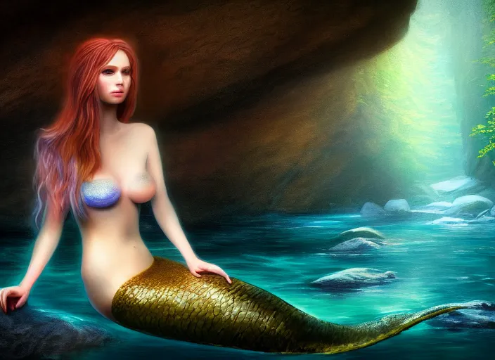 Image similar to soft painting portrait of a mermaid in a shirt sitting on a rock in a river in an underground cave. fantasy magic style. highly detailed 8 k. intricate. lifelike. soft light. cinematic post - processing