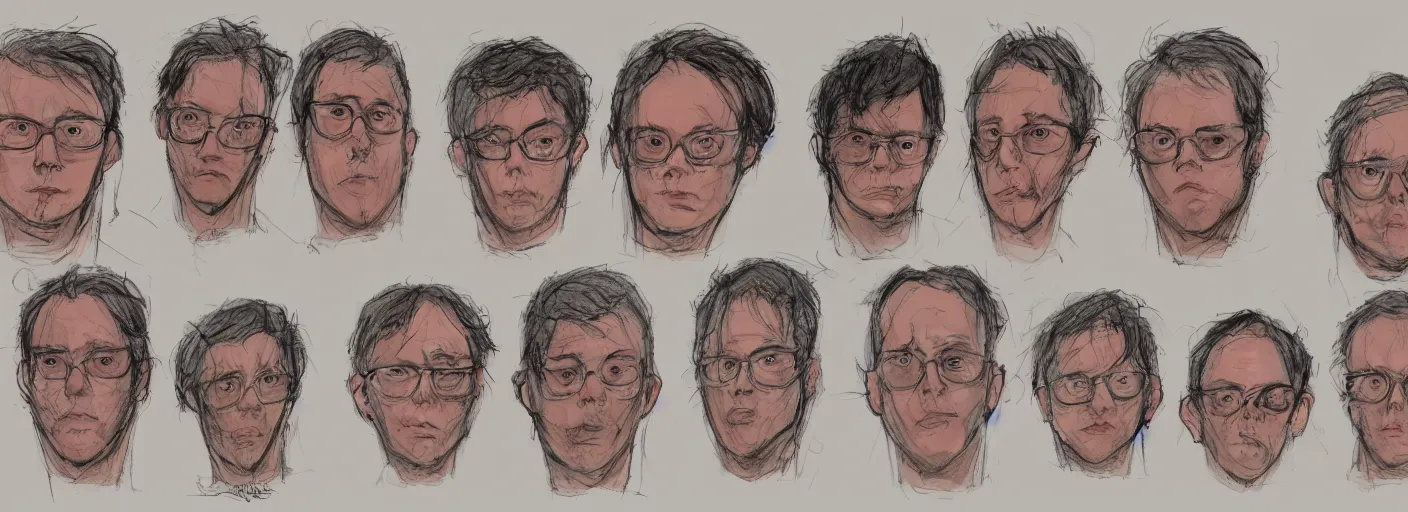 Image similar to colored character face study of todd solondz thinking, clear faces, screenwriter, introvert, outsider, emotional, character sheet, fine details, concept design, contrast, by gabriel hardman, joe alves, j. todd anderson, chris bonura, trending on artstation, 8 k, full body and head, turnaround, front view, back view, ultra wide angle