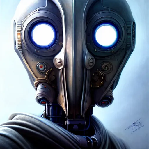 Image similar to low angle shot of a cyberpunk gazmask robot character, front shot, wide angle, intricate, elegant, highly detailed, centered, digital painting, artstation, concept art, smooth, sharp focus, illustration, artgerm, Tomasz Alen Kopera, Peter Mohrbacher, donato giancola, Joseph Christian Leyendecker, WLOP, Boris Vallejo