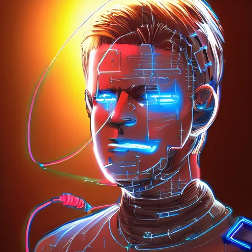 Image similar to Male cyborg, battle-damaged, wearing facemask, youthful face, blue eyes, backlit by neon, headshot, sci-fi, wires, cables, lenses, gadgets, Digital art, detailed, anime, artist Katsuhiro Otomo