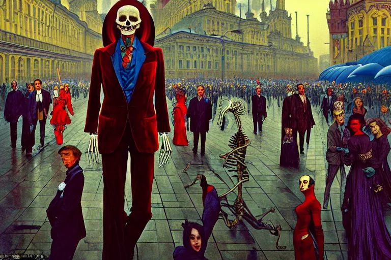 Image similar to realistic detailed photorealistic film portrait shot of a single skeleton wearing crimson velvet blazer in a crowded futuristic moscow street by Denis Villeneuve, Amano, Yves Tanguy, Alphonse Mucha, Ernst Haeckel, Andrei Tarkovsky, Edward Robert Hughes, Roger Dean, rich moody colours, wide angle, blue eyes