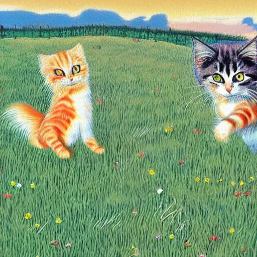 Prompt: 3 fluffy flame point siberian cats chasing after an army plane in a meadow landscape in the style of katsuhiro otomo akira