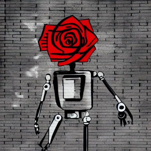 Prompt: a robot holding a rose in the style of Banksy, graffiti, digital art