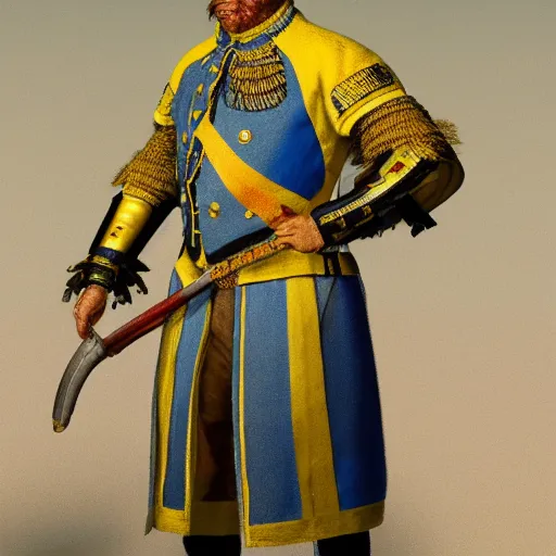 Image similar to high quality high detail character design of a colonial general, blue and yellow, photorealistic lighting