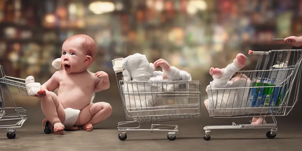 Image similar to beer drinking baby in diapers with a shopping cart, dim volumetric lighting, 8 k octane beautifully detailed render, post - processing, extremely hyper - detailed, intricate, epic composition, cinematic lighting, masterpiece, detailed detailed detailed, masterpiece, stunning art, wonderful masterpiece, beautiful cinematic light