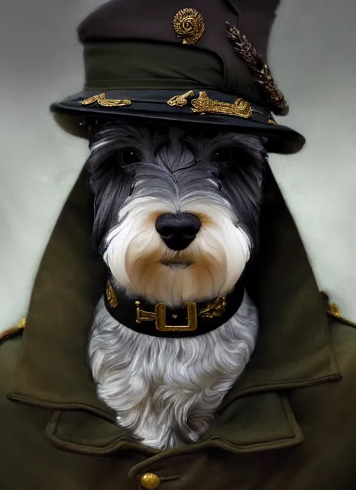 Prompt: portrait of stoic looking miniature schnauzer, military uniform, black fir, white eyebrows, fantasy, intricate, elegant, highly detailed, centered, dark, smokey, digital painting, artstation, concept art, smooth, sharp focus, illustration, art by artgerm and greg rutkowski and alphonse mucha