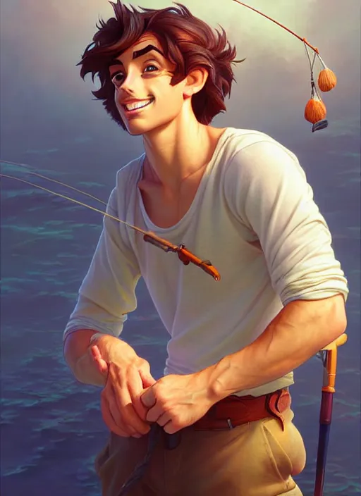 Image similar to cute fisherman chris mears, natural lighting, path traced, highly detailed, high quality, digital painting, by don bluth and ross tran and studio ghibli and alphonse mucha, artgerm