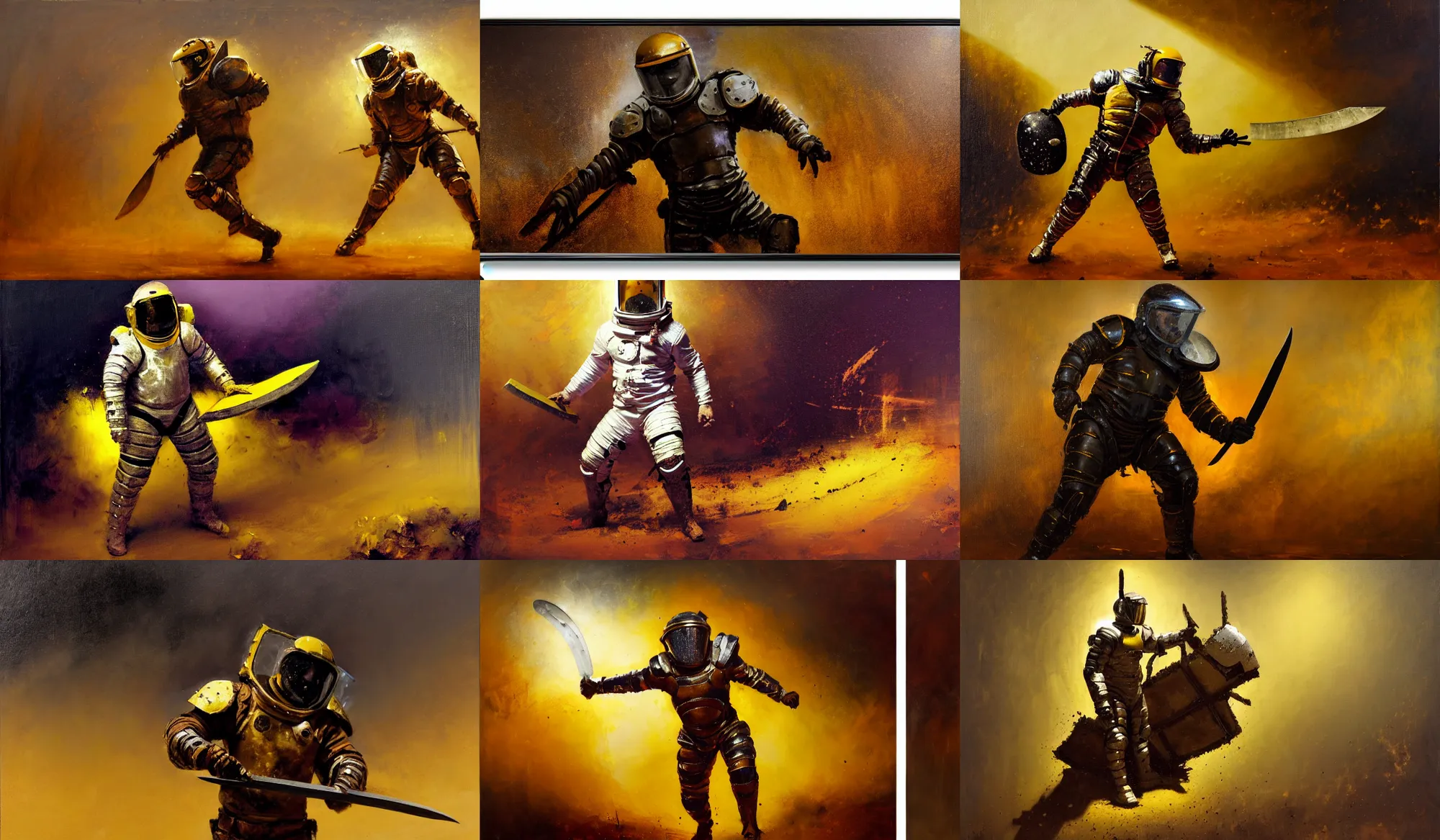 Prompt: gladiator wearing space suit, riot shield and machete, luminist style, tonalism, dramatic lighting, action scene, palette knife, frenetic brushwork, chiaroscuro, figurative art, detailed, proportions, spatter, dust, atmospheric, volumetric lighting, dioaxizine purple, burnt sienna, and yellow ochre