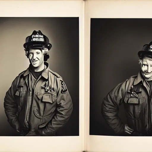 Image similar to portrait photo, portrait of fireman sam by richard avedon, realistic, Leica, medium format, cinematic lighting, wet plate photography, parallax, high resolution,