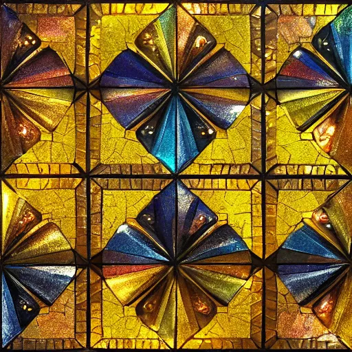 Prompt: Gilded Mana Crystals and Soapstone hearts in radial mosaic form, vivid, vibrant, geometric, art nouveau, art deco, vraytracing, artstation. Intricately detailed symmetrical bordered tiles