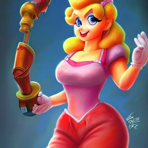 Prompt: princess peach in super marios overall, fantasy art, highly detailed, trending on artstation, tony sart