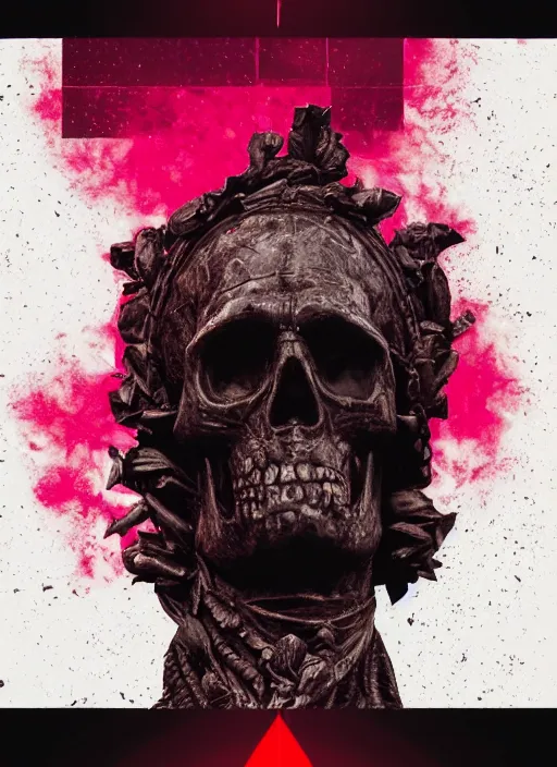 Prompt: dark design poster showing a close up of a heroic greco roman statue with skull, black background with very subtle red and purple design elements, powerful, nekro, vito acconci, thin straight lines, dark, glitch art, neo vaporwave, gritty, layout frame, square, trending on artstation