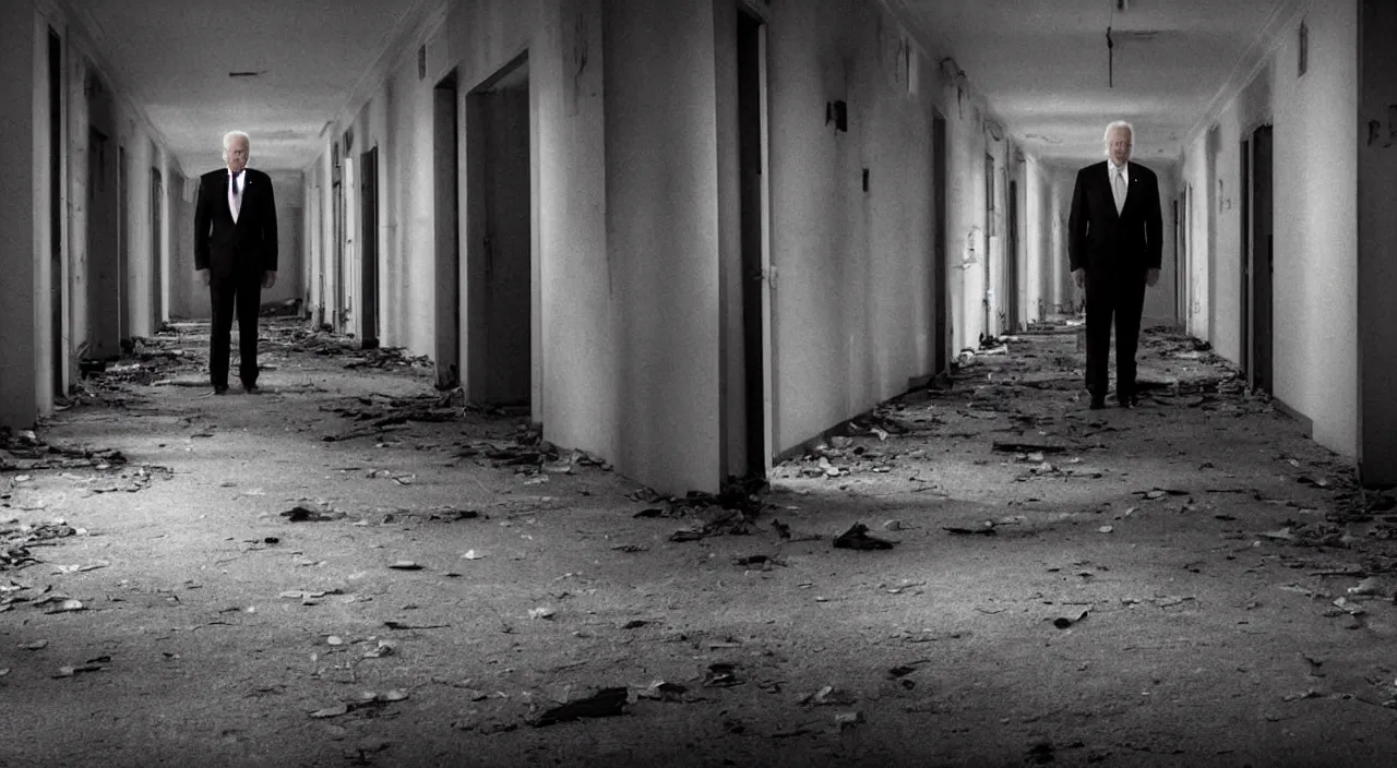 Image similar to unnerving dark 4 k photograph of joe biden standing alone in a long creepy hallway of an abandoned insane asylum, hospital, checkered floor, crime scene, horror