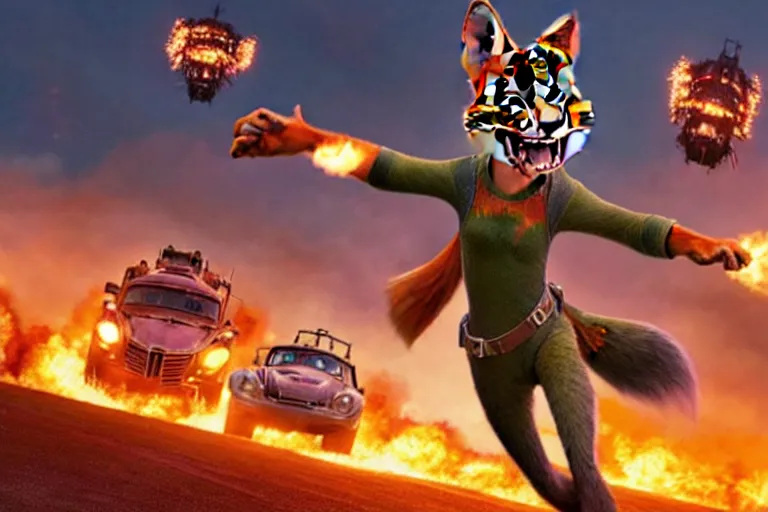 Image similar to nick wilde ( from zootopia ), heavily armed and armored facing down armageddon in a dark and gritty reboot from the makers of mad max : fury road